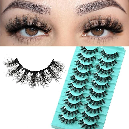 Wispy Lashes Fluffy Mink Eyelashes 16mm Natural Thick False Eye Lash Strips 10 Sets Medium Wispies Fake Strip Eyelash Wet Spikes Style Full Volume Cateye Spiky Lashes Manga Look