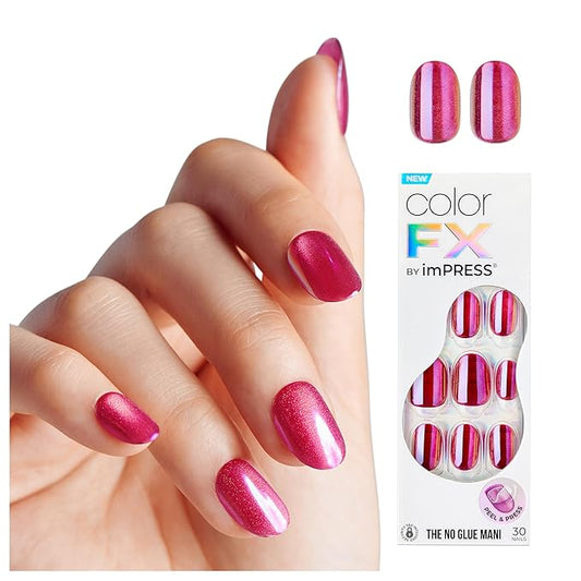 KISS colorFX by imPRESS Press On Nails , ‘Around You’, Solid Pink with Pearlescent Finish, Short Oval, IMPROVED adhesive, Includes 30 Fake Nails, Prep Pad, 1 Manicure Stick, 1 Mini Nail File