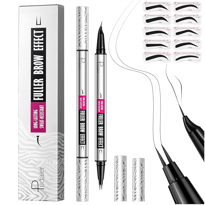 Pudaier 2 Pack 2 Fine Tip Eyebrow Pen, Waterproof Filling Faux Brow Makeup Pencils for Women with Precise Curved Brush-Tip to Fast Create Natural Hair-Like Brows, Last All-Day (Natural Black)