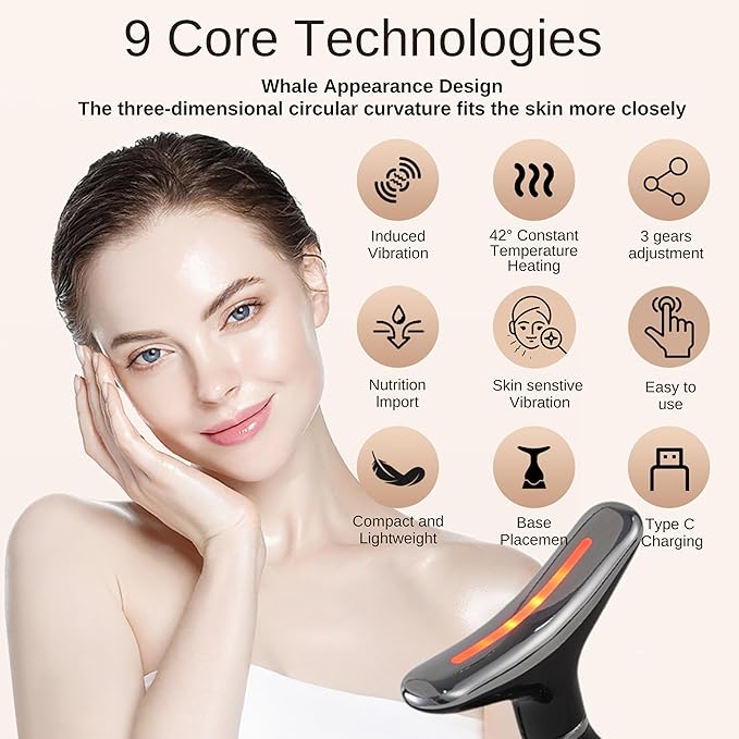 VIMINTO 3-in-1 Face Massager – Facial Massager Tool with Soothing Heat, Vibration, and Smart Touch – Red, Blue & Green Light Modes for Relaxation and Radiance – Compact & Portable - Black