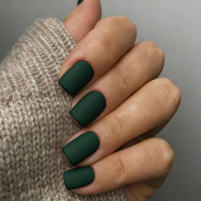 48Pcs Matte Dark Green Press on Nails Short Square Fake Nails Glue on Gel Nails Press ons Spring Acrylic Stick on False Nails for Women Extra Short Nail Small Petite