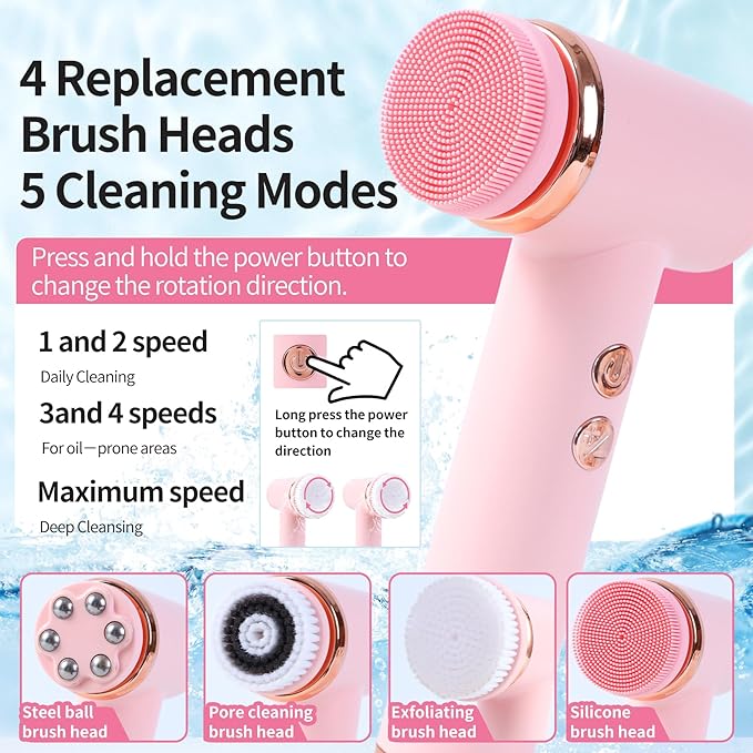 4 in 1 Facial Cleansing Brush, Multi Function Electrical Face Wash, Brush IPX6 Waterproof Portable Face Scrubber, 5 Speed Adjustable, 2 Rotation Directions Adjustable, Gift for Women Men (Pink)