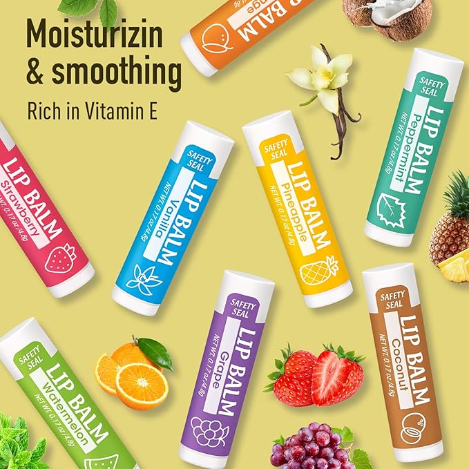16 Pack Lip Balm, Natural Lip Balm Bulk with Vitamin E and Coconut Oil, Moisturizing Lip Balms for Dry Cracked Lips, Lip Balms for Stocking Stuffers - 8 Flavors