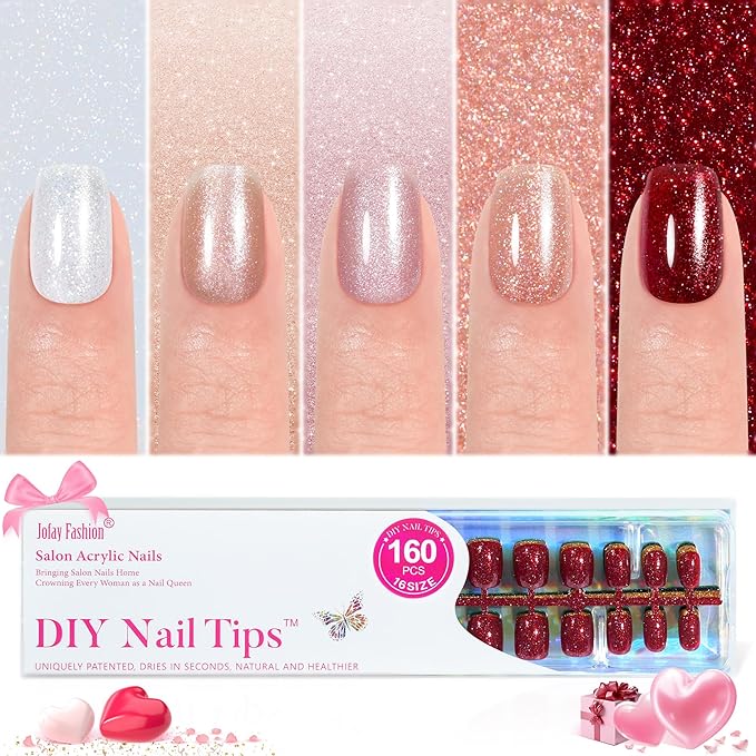 Press on Nails Short 5 Styles, Jofay Fashion 160Pcs Valentines Nails Red Press on Nails, Square Glitter Fake Nails with Designs, Reusable Glossy Acrylic False Nails Glue on for Women 16 Sizes