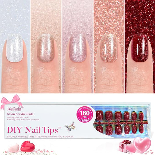 Press on Nails Short 5 Styles, Jofay Fashion 160Pcs Valentines Nails Red Press on Nails, Square Glitter Fake Nails with Designs, Reusable Glossy Acrylic False Nails Glue on for Women 16 Sizes