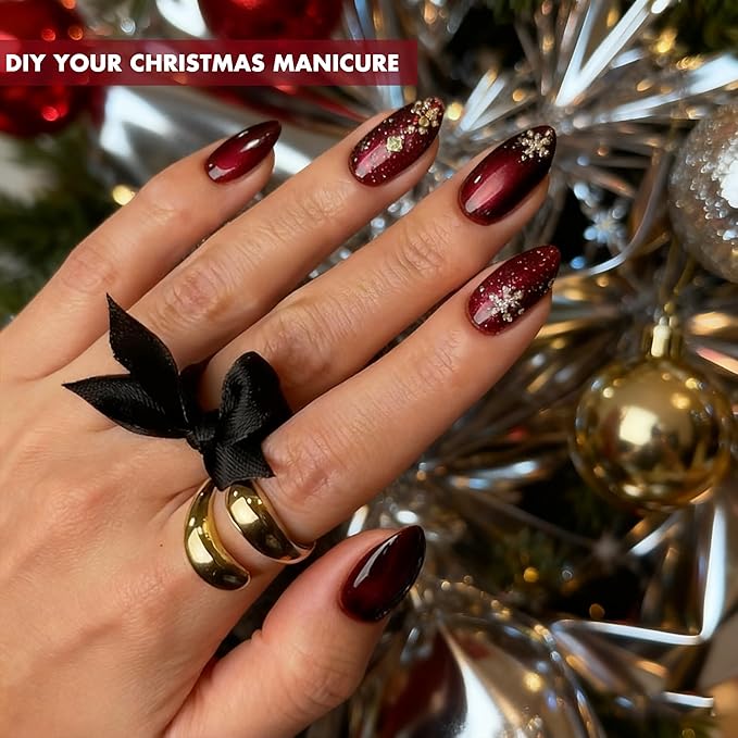 KQueenest Press On Nails Short - Chrome Red Gray Black Press On Nails Almond Shape, Metallic Dark Fake Nails with Nail Glue, Reusable Soft Gel Ombre Black Glue On Nails for Women Christmas, 30 Pcs