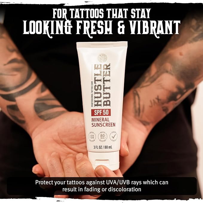 Hustle Butter Tattoo Aftercare Sunscreen - Tattoo Sunscreen Lotion - Fade Protection, SPF 50, Hydrating with Shea Butter & Coconut Oil, TSA-Friendly, Water Resistant, Non-Greasy, 3 oz