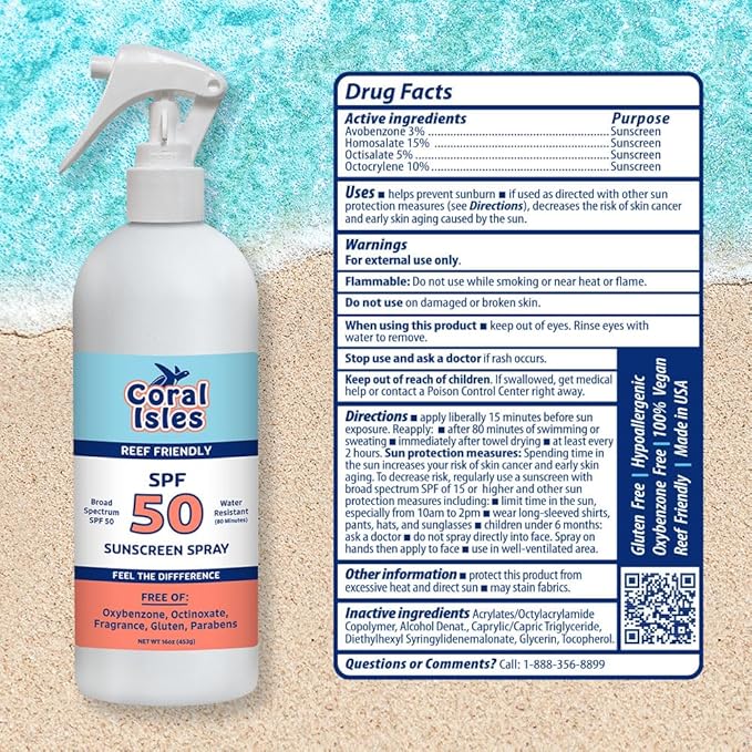 Coral Isles by Rocky Mountain Sunscreen | SPF 50 Spray | Broad Spectrum UVA/UVB Protection | Hawaii Reef-Safe Act Compliant | Oxybenzone & Octinoxate Free | Water Resistant 80 Min. | 16 Fl Oz