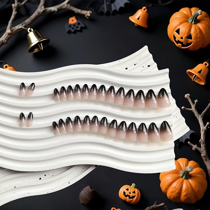 KQueenest Press On Nails Short - Ombre Black Press On Nails Almond Shape, French Dark Fake Nails with Nail Glue, Reusable Soft Gel Gradient Nude Black Glue On Nails for Women Decoration, 30 Pcs