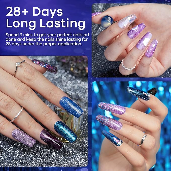 modelones Glitter Gel Nail Polish Set 6 Colors, Blue Color Changing Red Cat Eye Magnetic Gel Polish Chameleon Reflective Temperature Black Pink Nail Polish Soak Off LED Nail Art Manicure Kit Gift