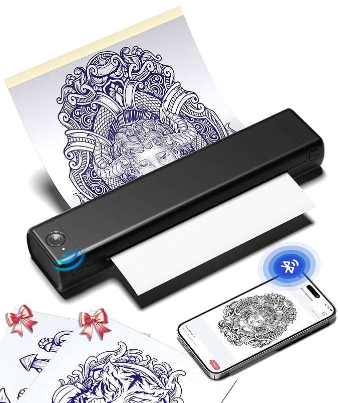 Phomemo Bluetooth Tattoo Stencil Printer, Wireless M08F Tattoo Machine with 10pcs Free Transfer Paper, Thermal Portable Printer for Artists & Beginners, Compatible with Phone, Tablet & PC, Black