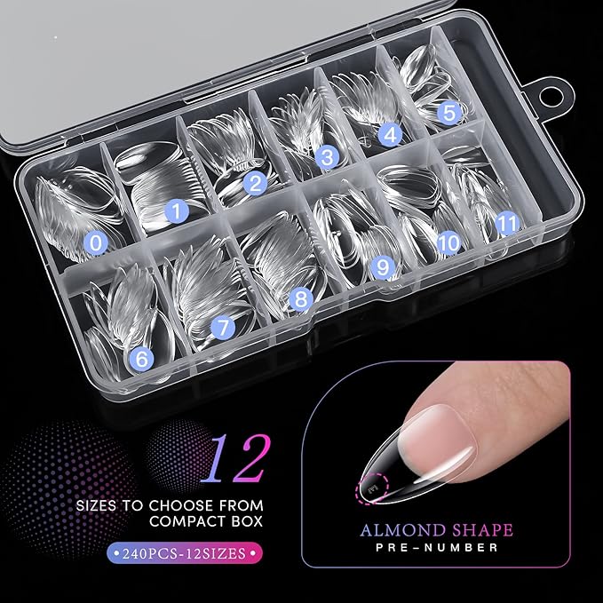 krofaue Almond Nails - 240Pcs Clear Fake Tips 12 Sizes Artificial Acrylic False Nails Full Cover Press on Nails Almond for Home DIY & Nail Tips Art