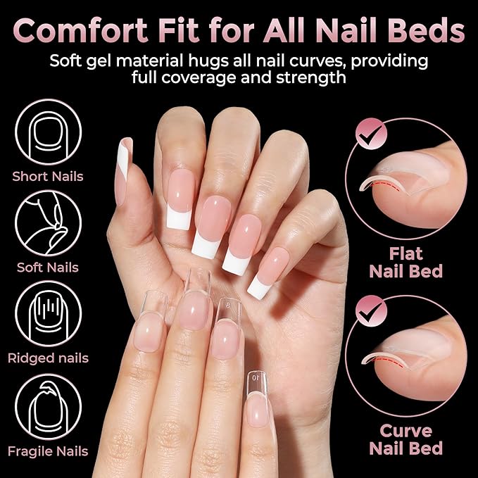 Medium Square Nail Tips, 240pcs Soft Gel Pre-Shaped Acrylic Fake Nails, Half Matte Full Cover Clear Gelly Press on Flase Nail Tips for Extension Nail Manicure Home DIY 12 Sizes Gelly Tips