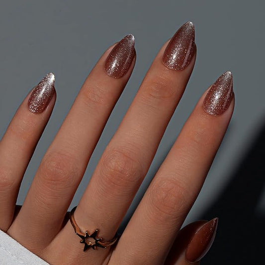 KQueenest Cat Eye Press On Nails Short, Fall Press On Nails Almond, Sparkle Light Brown Fake Nails With Glue, Recycled Soft Gel Glue On Nails for Woman, Long-Lasting Glitter Effect, 30 Pcs