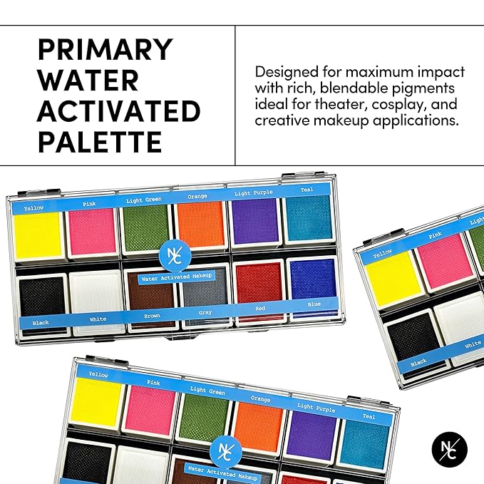 Narrative Cosmetics Primary Colors 12-Pan Palette - Vibrant Water-Activated Makeup for Face & Body Painting - Ideal for Cosplay, Theater & Artistic Makeup Creations
