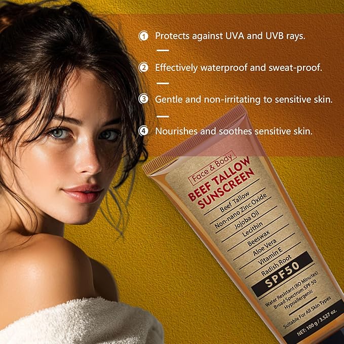 Beef Tallow Sunscreen with Zinc Oxide for Body Facial, Non-Toxic Natural Mineral Sunscreen Reef Safe Sunblock SPF 50,Clean Non-Greasy (For Sport or Daily Use), 3.5 OZ