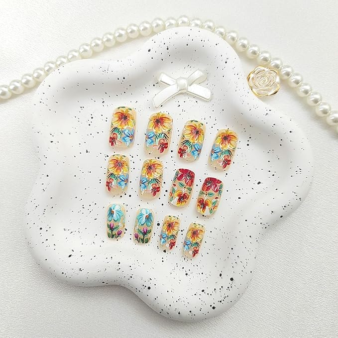 Square Press on Nails Medium False Nails with Colorful Flower Designs Spring Fake Nails Nude Nails Press ons Glossy Glue on Nails Summer Acrylic Nails Artificial Stick on Nails for Women 24Pcs