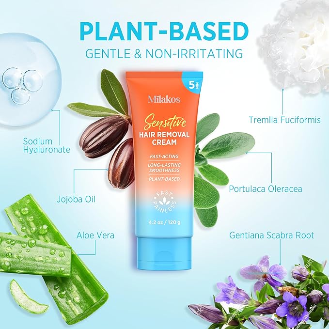 Hair Removal Cream for Women - 5-Minute Painless Depilatory for Sensitive Skin & Bikini Area - Plant-Based, No-Irritation Formula for Legs, Arms & Underarms