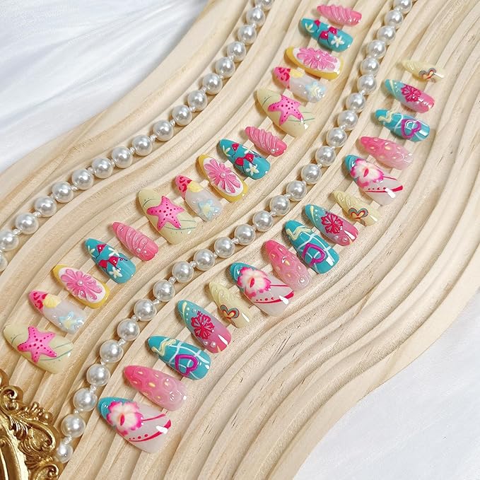 30Pcs Handmade Press on Nails Medium Almond Fake Nails with 3D Designs Summer Beach Acrylic Nails Seashell Flower Glue on Nails Heart Starfish False Nails Lemon Butterfly Stick on Nails for Women