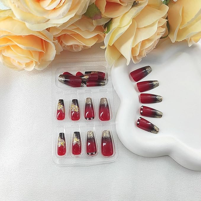 Coffin Press on Nails Medium Black Gradient Acrylic False Nails with Glitter Sequins Design Rhinestones Glue on Nails Claret Full Cover Coffin Nails Press ons Glossy Stick on Nails for Women 24Pcs