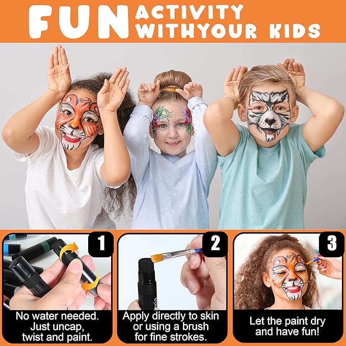Jim&Gloria Face Paint Kit Bulk 32 Professional Face Painting Kit for Kids Party, Metallic, Neon, Classic Facepaint Crayons, Washable Body Paint Adults, Halloween Makeup, Boys Girls Gifts Crafts Toys