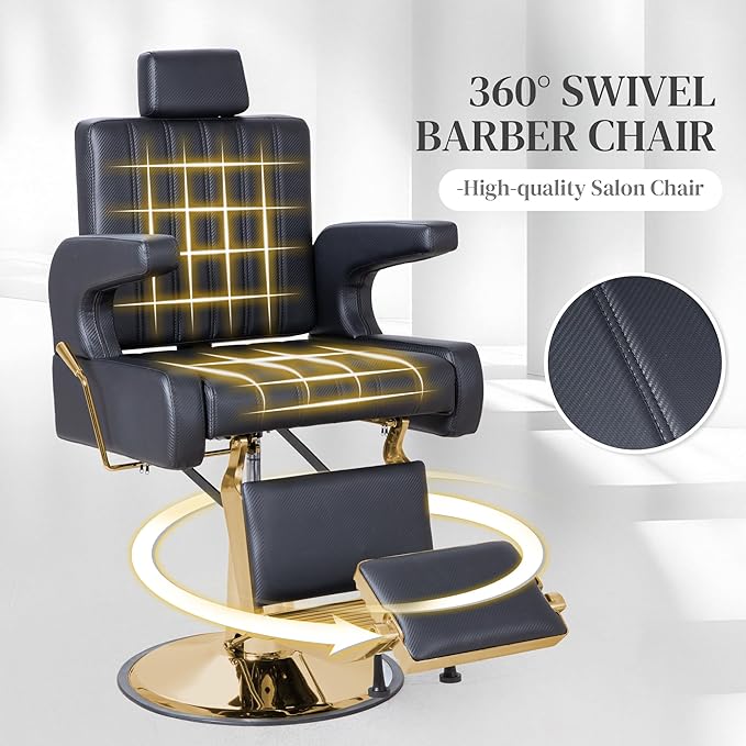 FHFO Barber Salon Hair Chairs for Barbershop, Hydraulic Barber Chair 360° Swivel Reclining, Adjustable PU Leather Beauty Salon Chair for Barbershop Spa Black/Gold