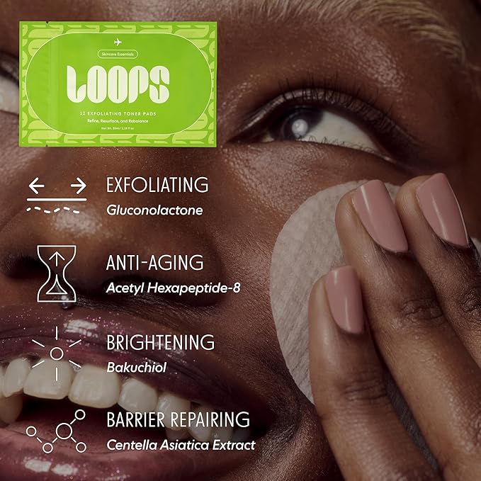 LOOPS Exfoliating Toner Korean Skincare - Refine, Resurface, and Rebalance Skin - Pre-Soaked Bamboo Pad - Vegan, Natural, Biodegradable Toner Pads for Face