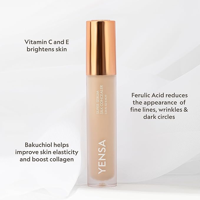 YENSA Super Serum Silk Concealer - Full Coverage Undereye Concealer & Peptides Serum for Face - Enriched with Vitamins C & E, Bakuchiol & Superfoods to Boost Radiance - Light 1 (0.2 Fl oz)