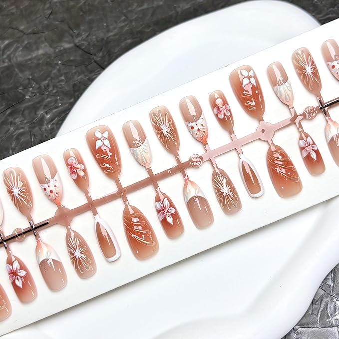 30Pcs Flower Press on Nails Medium Almond Fake Nails with 3D Ice Flower Shell Design Brown Ombre Spring Summer Floral False Nails White French Tip Acrylic Glossy Stick on Nails for Women