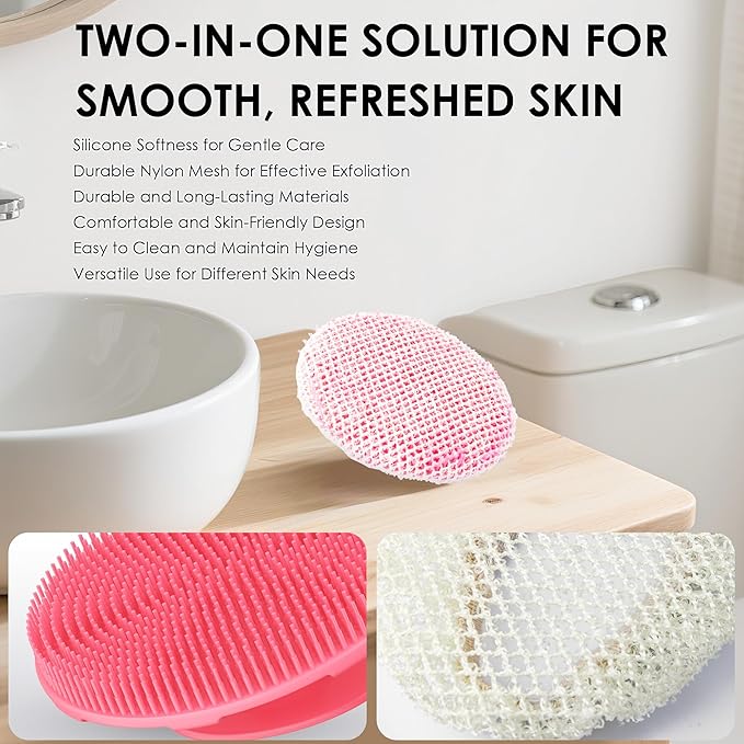 INNERNEED Food-Grade Soft Silicone Body Scrubber Shower Brush Handheld Cleansing Skin Brush, with Exfoliating Net Sponge Case (Pink Brush)