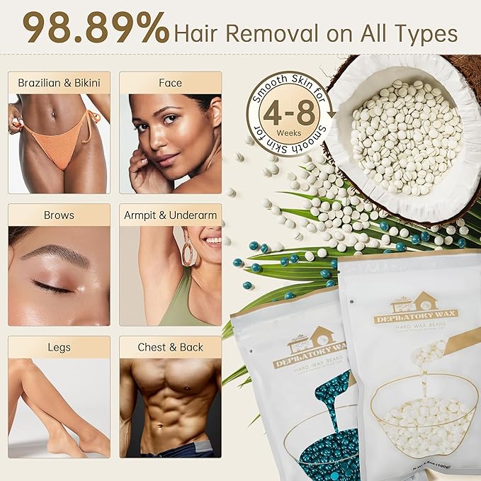 Lifestance Waxing Kit for Women & Men - L3 Digital Warmer, Silicone Wax Pot Liner, Hair Removal Kit with 4 Hard Wax Beads (14.1oz) & 45 Accessories, Professional for Brazilian, Bikini, Face, Leg, Body