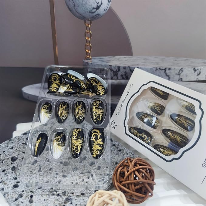 Gold Leaves Press on Nails White French Gel Glue on Fingernails Curve Line Medium Almond False Nail 24Pcs Glossy Silver Glitter Stick on Nail Acrylic Full Cover Fake Nails for Holiday Manicure Art