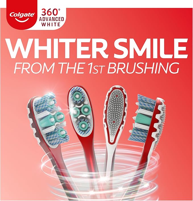 Colgate 360 Optic White Advanced Whitening Toothbrush, Adult Medium Toothbrush with Whitening Cups, Helps Whiten Teeth and Removes Odor Causing Bacteria, 2 Pack
