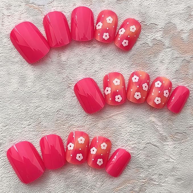 Spring Press On Nails Short Square Fake Nails Flower With Ombre Design Rose Pink False Nails Summer Glue On Nails Acrylic Full Cover Artificial Nails Stick On Nails For Women Manicure 24pcs