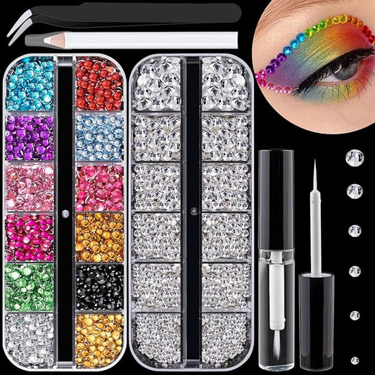 Flat Back Rhinestone Kits Colorful Rhinestones+Transparent White Gems With Quick Dry Makeup Glue+Picker Pencil+Tweezer For Nail Art And Face Make-up