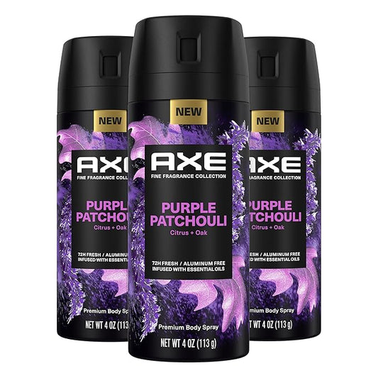 AXE Fine Fragrance Collection Premium Body Spray Purple Patchouli with Citrus + Oak Essential Oils 3 Count with 72H Odor Protection Aluminum-Free 4 oz