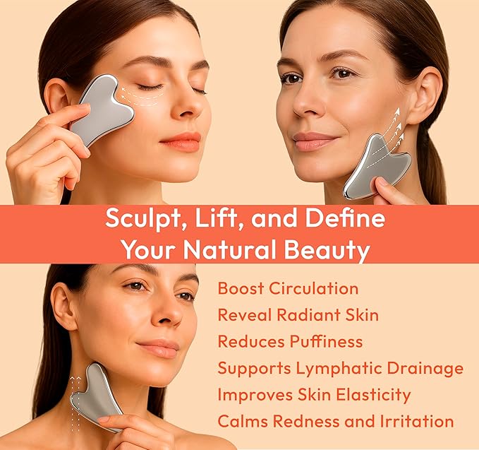 Stainless Steel Gua Sha Facial Tool for Face Sculpting, Lymphatic Drainage, Acne-Prone & Mature Skin, Puffiness, Anti-Aging & Deep Face Massage (Silver)