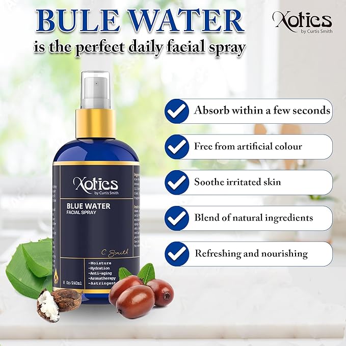 Xotics Blue Water Facial Spray - 8oz - Hydrating Face Mist with Aloe Vera - Refreshing Toner for Men & Women, Aftershave, Daily Moisturizing Splash for All Skin Types