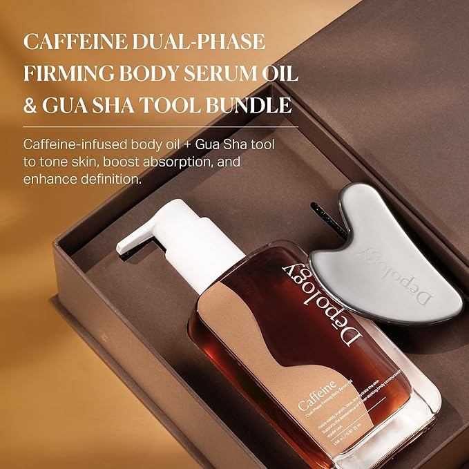 depology Caffeine Body Firming Serum Oil – Non-greasy Hydrating Body Glow Dual-Phase Oil for Dry, Aging Skin with Gua Sha Tool – Skin Tightening Oils with Squalane, Camellia & Caffeine – 5.07 fl oz
