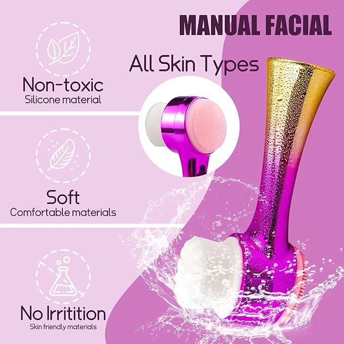 Facial Cleansing Brush 2 in 1Double-Sided Facial Cleaning Brush with Soft Bristles for Deep Pore Exfoliation, Wash Makeup, Massaging (Gold&Pink 4PCS)