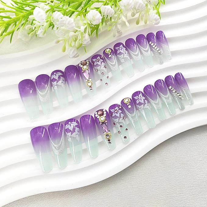 Long Press on Nails Coffin Light Blue Gradient Glue on Nails with Rhinestones Lines Glitter Design Flower Fake Nails Purple Acrylic Nails Press ons Glossy Extre Long Coffin False Nails for Girls 24Pcs