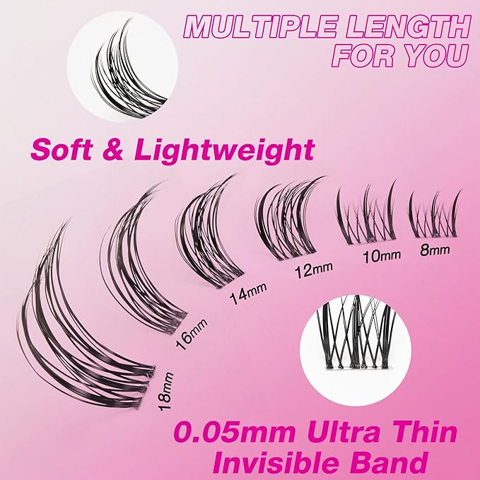 VEYESBEAUTY Lash Clusters Individual Eyelash Extensions Thin & Invisible Band DIY False Eyelashes for Self-application Newbie's Five-Second Series Wispy Lash Tray, Flutter 8-16mm Mixed Length