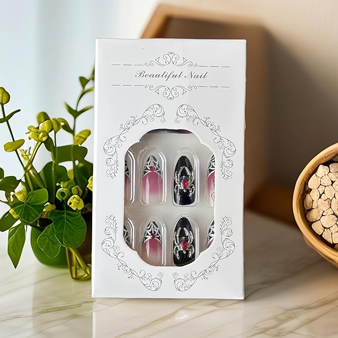 24 Pcs Goth Almond Press on Nails Halloween Fake Nails Black Red Gradient False Nails with Red Diamond Spider Web 3D Spider Design Handmade Nails Ombre Gothic Acrylic Nail Glue on Nail for Women