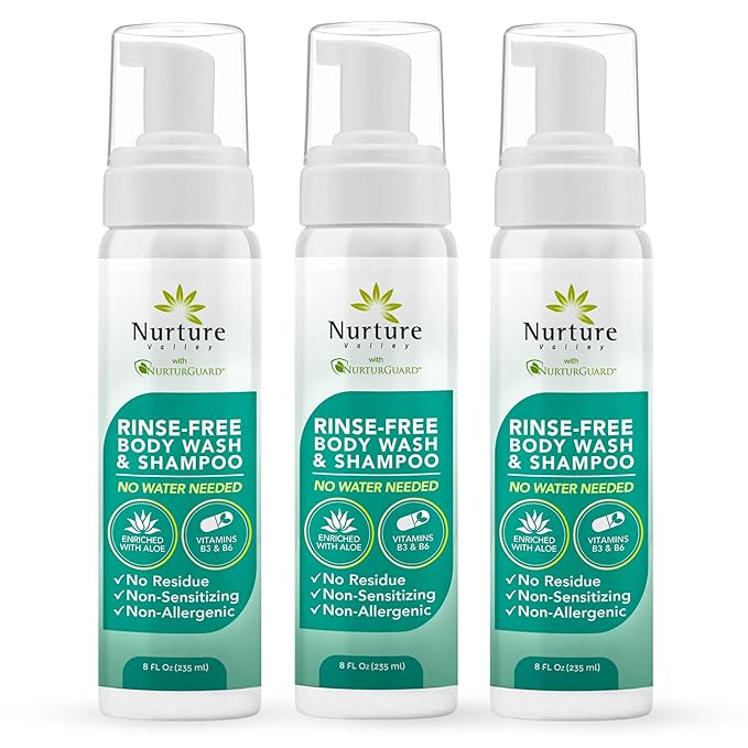 Nurture Rinse Free Body Wash & Shampoo w/Aloe | Hospital Grade Hair & Body Waterless Cleansing Foam | Women, Camping, Elderly & Hospital Patients | Shower Bath & Hand Soap for Sensitive Skin