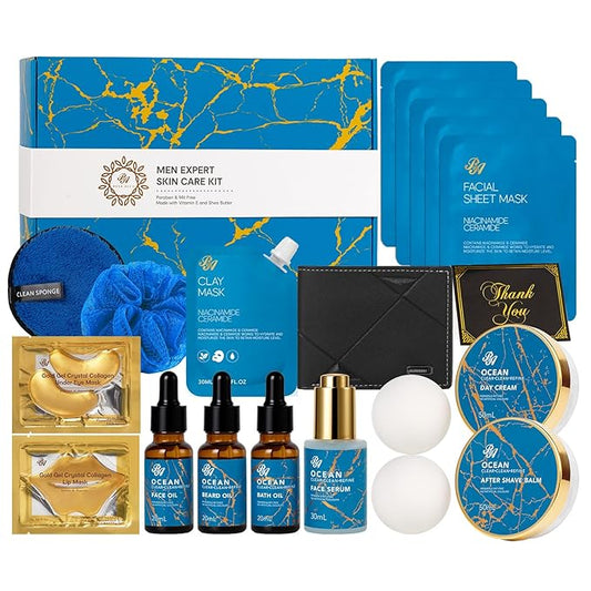 21 Pcs Men Facial Skin Care Set, Luxury Bath & Beard Gift Set for Men, Spa & Self-Care Gift, Clay Mask, Cleanser, Beard Oil, Cologne Present, Birthday, Christmas, Valentines, Father Day, Boyfriend