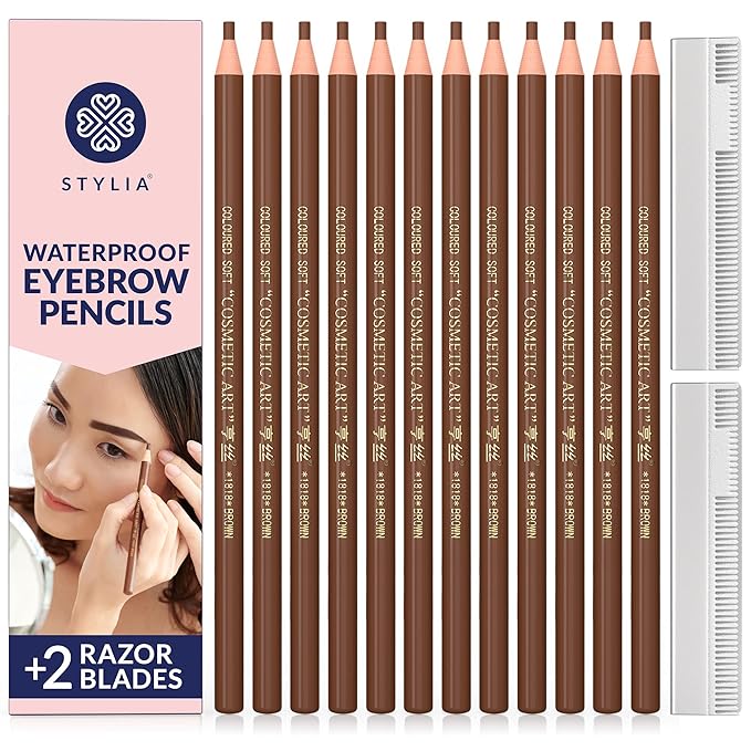 Stylia Waterproof Eyebrow Pencils For Women – Long-Lasting Microblading Supplies Brow Pencil, Perfect for Eyebrow Shaper, Filling & Defining Natural-Looking Brow - (12PC Light Brown)