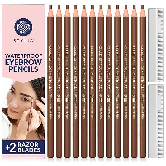 Stylia Waterproof Eyebrow Pencils For Women – Long-Lasting Microblading Supplies Brow Pencil, Perfect for Eyebrow Shaper, Filling & Defining Natural-Looking Brow - (12PC Light Brown)