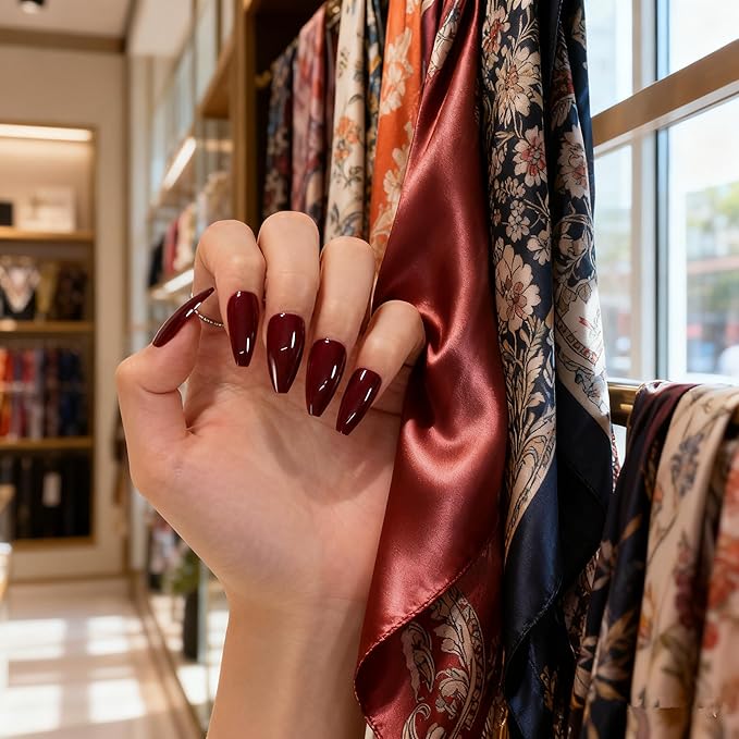 Glossy Deep Cherry Red Fake Nails Long Ballerina Coffin Press on False Nails Manicure Nail Tips Set for Women Girls Finger Wearable