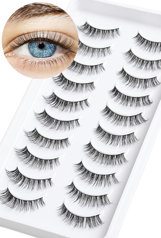 Lashes Wispy False Eyelashes Cat Eye Lashes Natural Look 3D Volume Fake Eyelashes Thin Band Lashes 12mm Natural Eye Lashes C Curl Siligli Lashes Pack 10 Pair