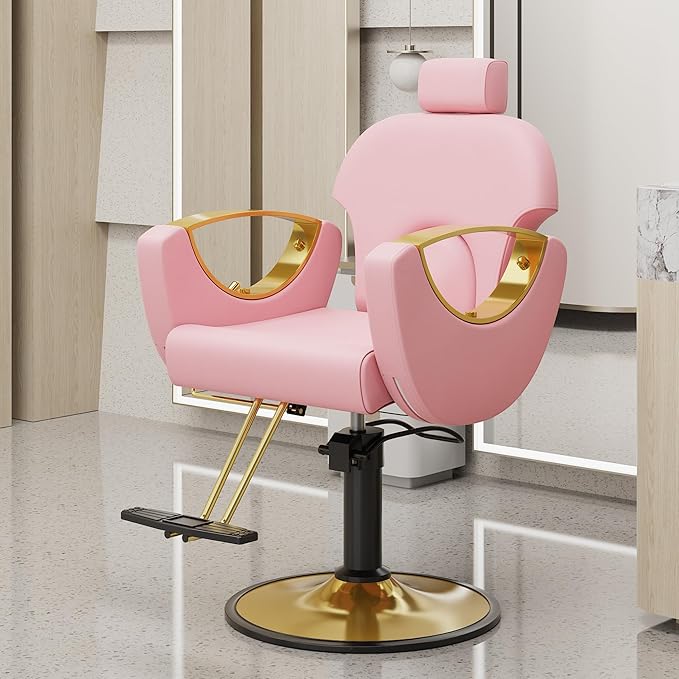 Barber Chair for Hair Stylist, Height Adjustable Hydraulic Hair Reclining Salon Chair, 360 Degrees Rotation, Multi-Function Shampoo Chair for Salon Barbershop (Modern Pink)